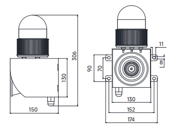 ALX-100 alarm siren dimension drawing showing front and side dimensions