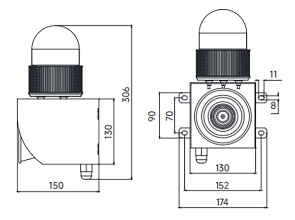 ALX-100 alarm siren dimension drawing showing front and side dimensions