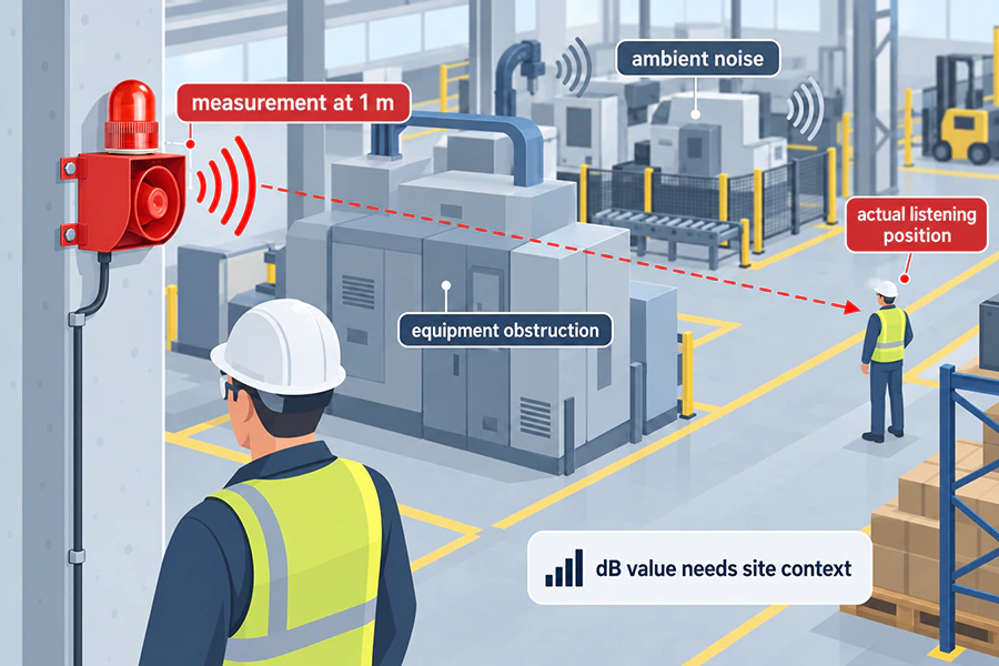 Industrial alarm siren sound pressure measurement compared with actual listening distance, background noise and machinery obstructions