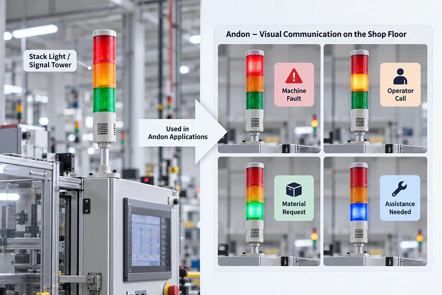 Industrial stack light and signal tower shown as physical signaling hardware connected to Andon applications including machine status, operator call, material request and fault assistance