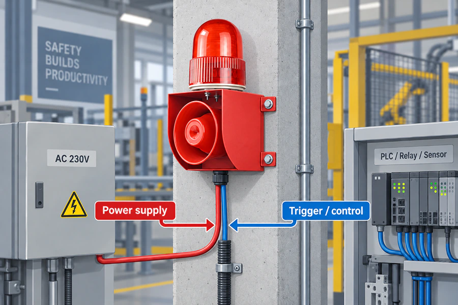 Industrial alarm siren power supply and trigger control shown as separate connections for PLC relay and sensor inputs