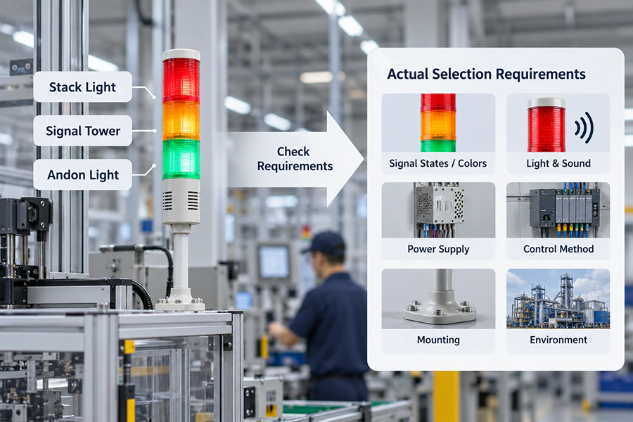 Product name comparison for stack light signal tower and Andon light with actual selection requirements including signal states, colors, light and sound, power supply, control method, mounting and environment