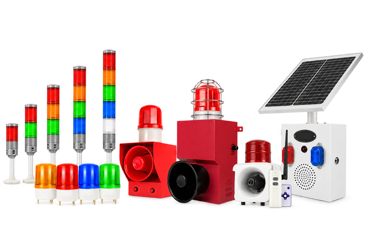 Alarionex industrial warning products including signal towers, alarm sirens, warning lights and solar-powered warning devices